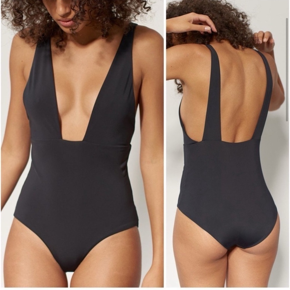 Mara Hoffman Audrey One Piece Swimsuit Black Plunge Bathing Suit Size M NWT